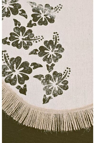 %100 Pamuklu Ham Keten Hasır Püsküllü Çiçek Taş Baskı 6' Lı Amerikan Servisi Supla YUVARLAK  40Cm