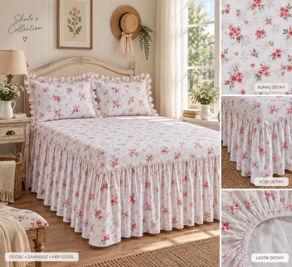 Kır Çiçekleri GÜLKURUSU Vintage Pastel Çiçek Desenli %100 Pamuk Fırfırlı Etekli Lastikli Çarşaf Takımı 90 x 200