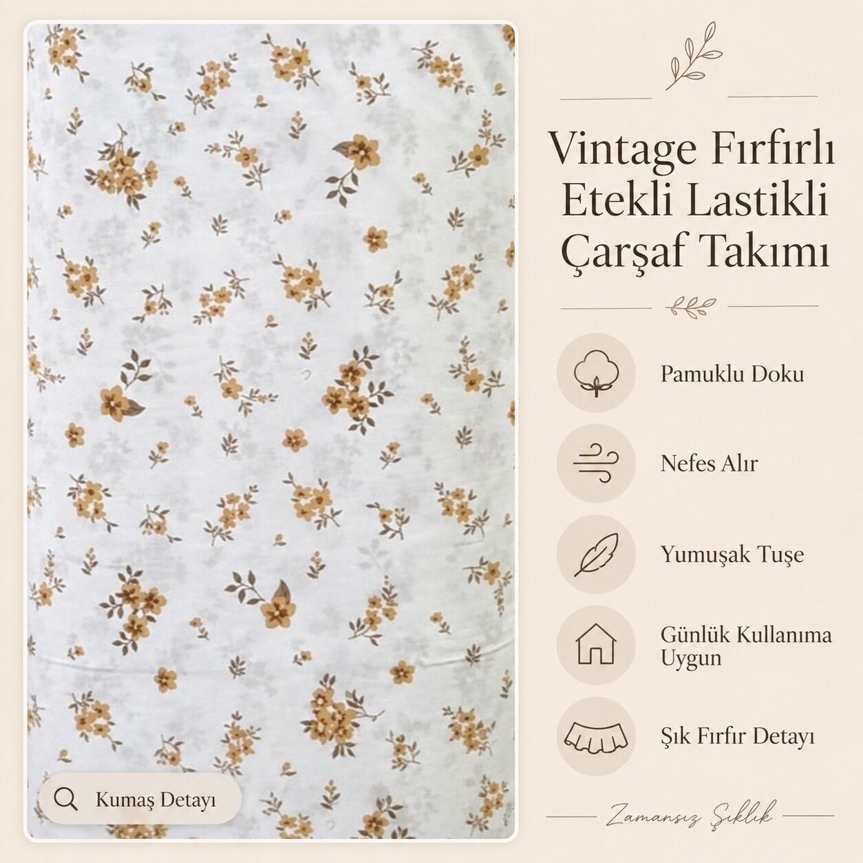 Kır Çiçekleri BEJ Vintage Pastel Çiçek Desenli %100 Pamuk Fırfırlı Etekli Lastikli Çarşaf Takımı
