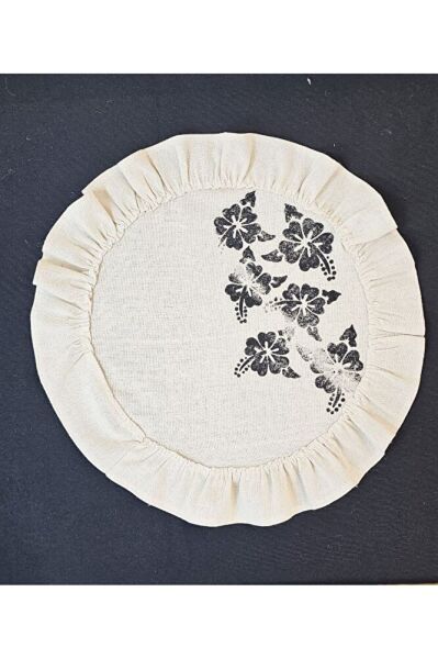 %100 Pamuklu Ham Keten Pamuk Fırfırlı Çiçek Taş Baskı 6' Lı Amerikan Servisi Supla YUVARLAK  45Cm