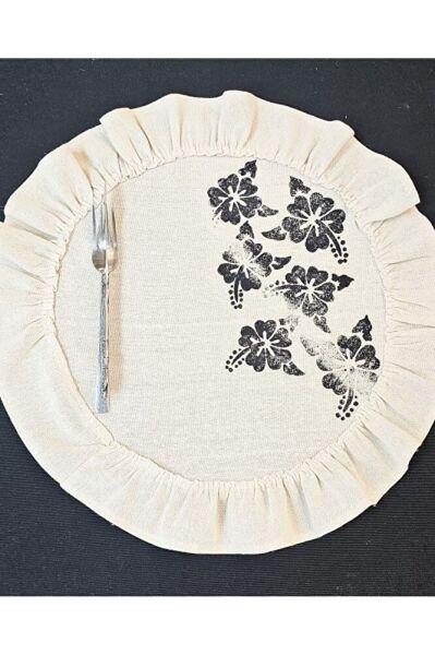 %100 Pamuklu Ham Keten Pamuk Fırfırlı Çiçek Taş Baskı 6' Lı Amerikan Servisi Supla YUVARLAK  45Cm