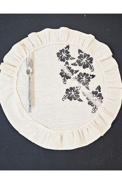 %100 Pamuklu Ham Keten Pamuk Fırfırlı Çiçek Taş Baskı 6' Lı Amerikan Servisi Supla YUVARLAK  45Cm