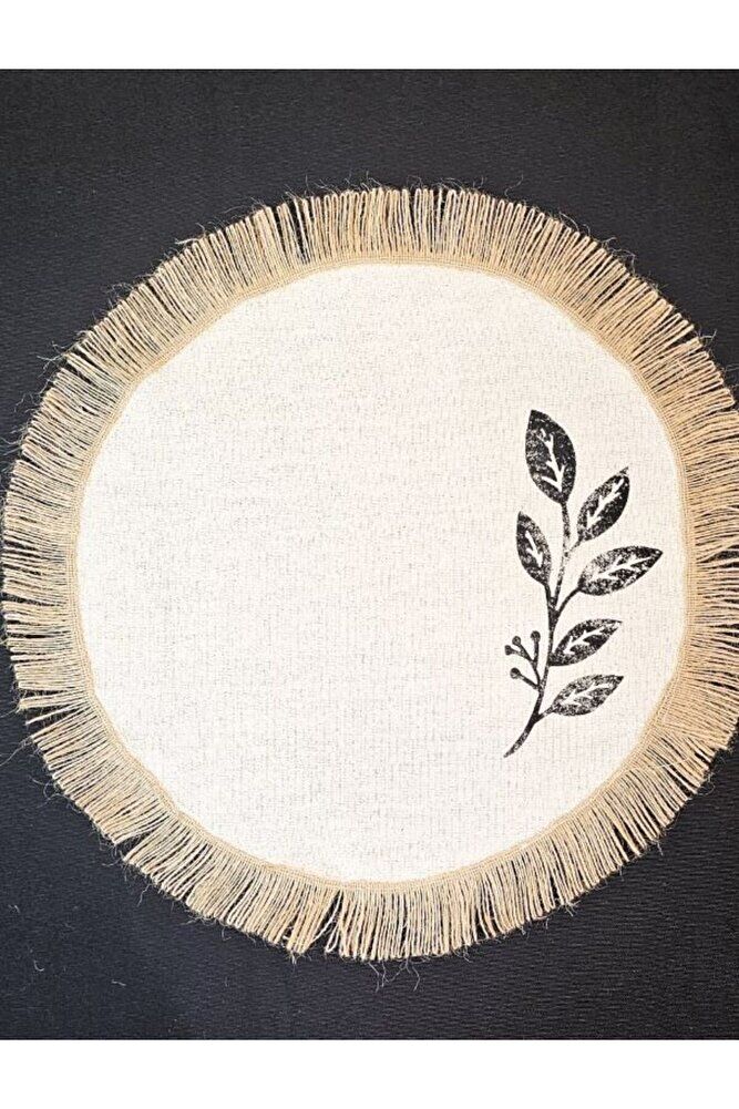 %100 Pamuklu Ham Keten Hasır Püsküllü Yaprak Taş Baskı 6' Lı Amerikan Servisi Supla YUVARLAK  40Cm