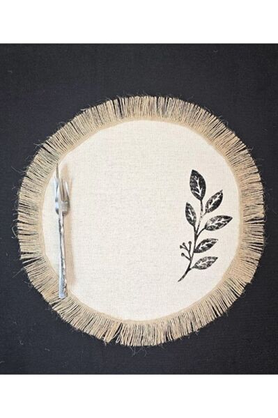 %100 Pamuklu Ham Keten Hasır Püsküllü Yaprak Taş Baskı 6' Lı Amerikan Servisi Supla YUVARLAK  40Cm