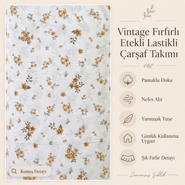 Kır Çiçekleri BEJ Vintage Pastel Çiçek Desenli %100 Pamuk Fırfırlı Etekli Lastikli Çarşaf Takımı 180 x 200