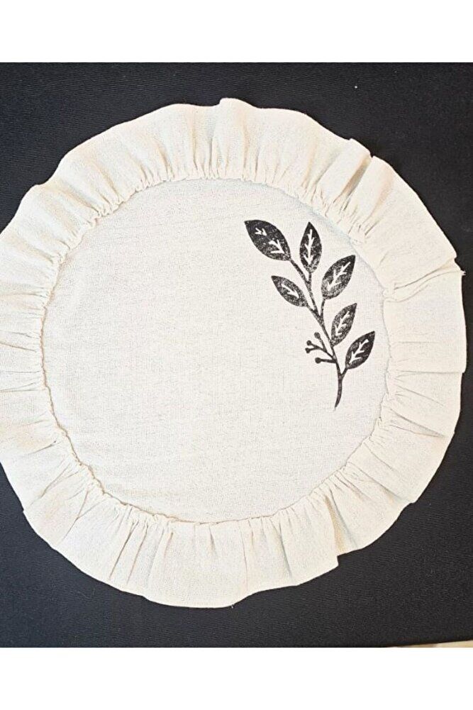 %100 Pamuklu Ham Keten Pamuk Fırfırlı Yaprak Taş Baskı 6' Lı Amerikan Servisi Supla YUVARLAK  45Cm