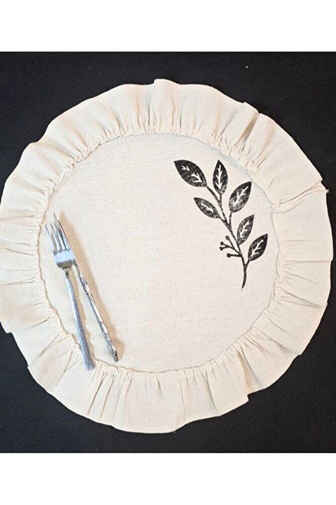 %100 Pamuklu Ham Keten Pamuk Fırfırlı Yaprak Taş Baskı 6' Lı Amerikan Servisi Supla YUVARLAK  45Cm