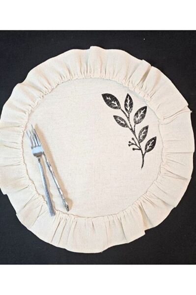 %100 Pamuklu Ham Keten Pamuk Fırfırlı Yaprak Taş Baskı 6' Lı Amerikan Servisi Supla YUVARLAK  45Cm