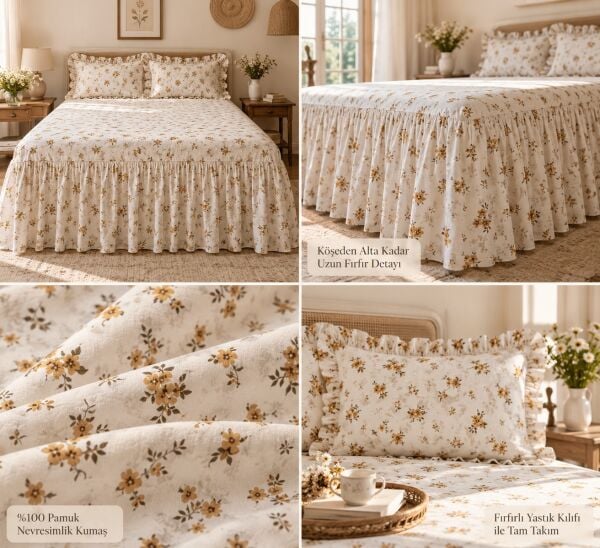 Kır Çiçekleri BEJ Vintage Pastel Çiçek Desenli %100 Pamuk Fırfırlı Etekli Lastikli Çarşaf Takımı 90 x 200