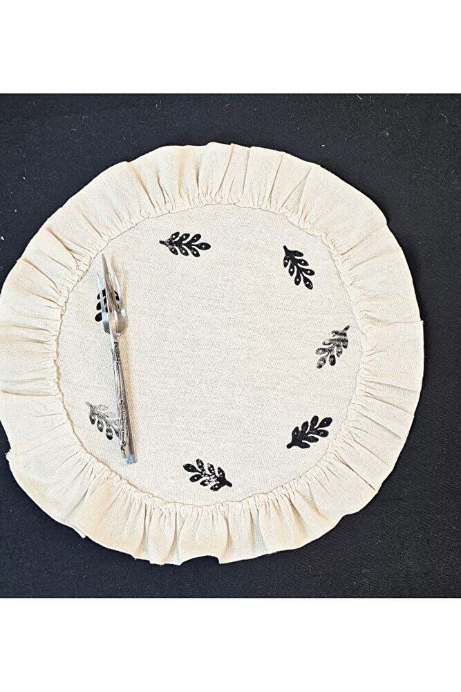 Ham Keten Pamuk Fırfırlı Minik Desen Taş Baskı 6' Lı Amerikan Servisi Supla YUVARLAK  45Cm
