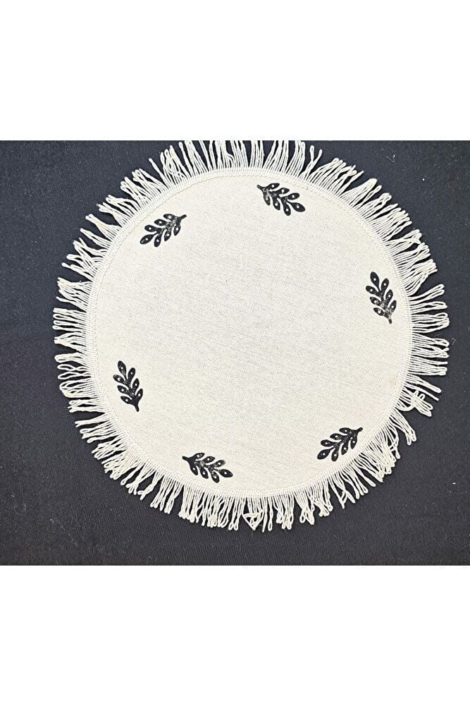 Ham Keten Pamuk Püsküllü Minik Desen Taş Baskı 6' Lı Amerikan Servisi Supla YUVARLAK  40Cm