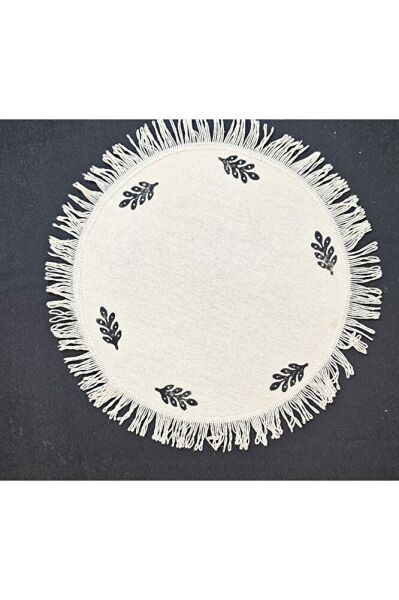 Ham Keten Pamuk Püsküllü Minik Desen Taş Baskı 6' Lı Amerikan Servisi Supla YUVARLAK  40Cm