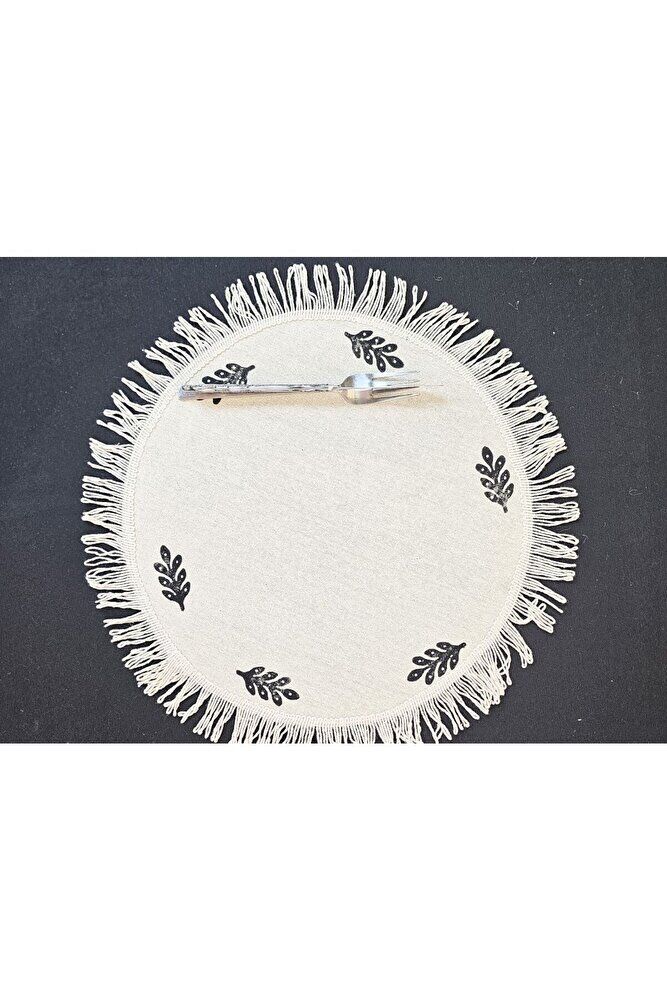 Ham Keten Pamuk Püsküllü Minik Desen Taş Baskı 6' Lı Amerikan Servisi Supla YUVARLAK  40Cm