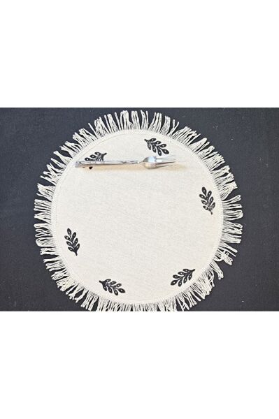 Ham Keten Pamuk Püsküllü Minik Desen Taş Baskı 6' Lı Amerikan Servisi Supla YUVARLAK  40Cm