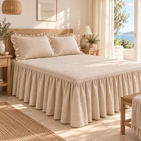 Ege Esintisi NATUREL Vintage Buldan Keten Dokulu %100 Pamuk Fırfırlı Etekli Lastikli Çarşaf Takımı 160 x 200