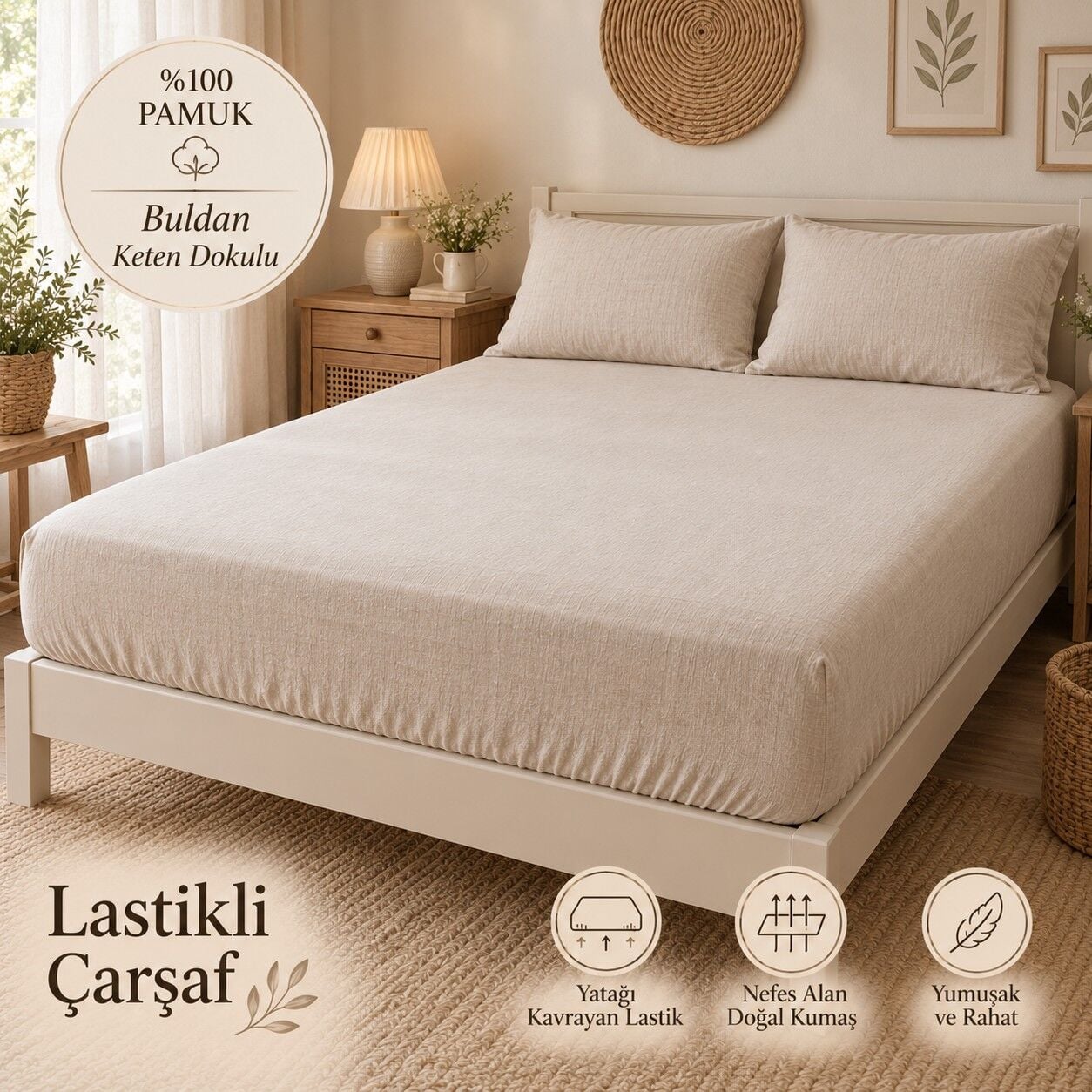 Doğal Dokunuş NATUREL Buldan Keten Dokulu %100 Pamuk Lastikli Çarşaf Takımı