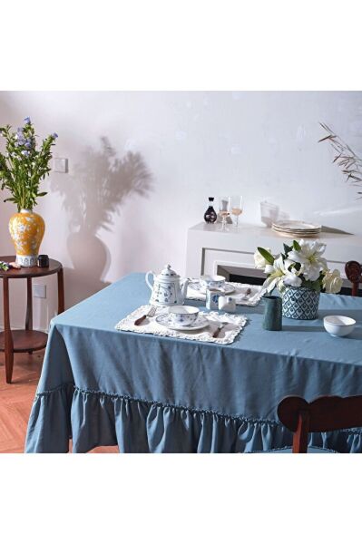 Buldan Keten Fırfırlı Vintage MAVİ Masa Örtüsü