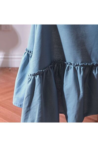 Buldan Keten Fırfırlı Vintage MAVİ Masa Örtüsü