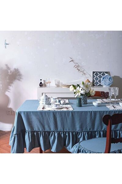 Buldan Keten Fırfırlı Vintage MAVİ Masa Örtüsü