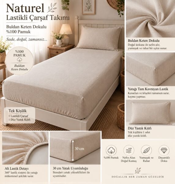 Doğal Dokunuş NATUREL Buldan Keten Dokulu %100 Pamuk Lastikli Çarşaf Takımı 120 x 200