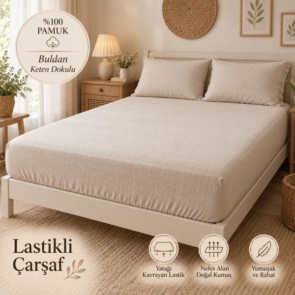 Doğal Dokunuş NATUREL Buldan Keten Dokulu %100 Pamuk Lastikli Çarşaf Takımı 90 x 200