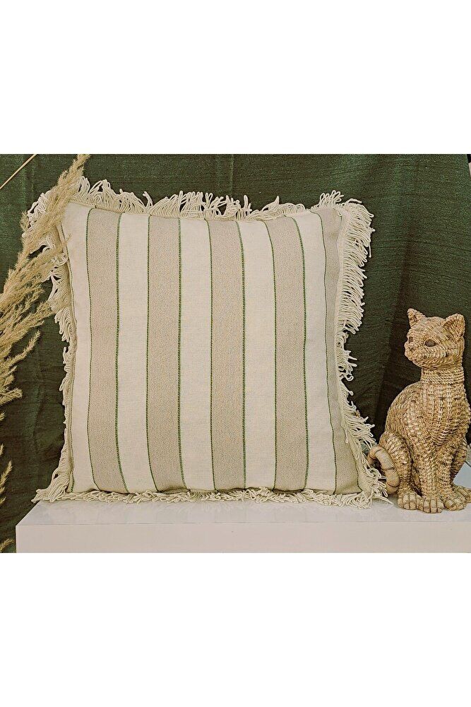 Bohem Püsküllü Keten Çizgili kırlent 43 x43