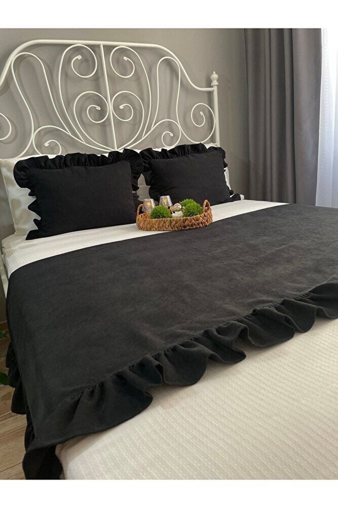 Siyah Fırfırlı Yatak Runner Kırlent Seti Yatak Şalı Yatak Örtüsü Set Çift Kişilik