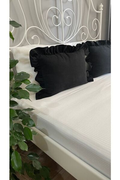 Siyah Fırfırlı Yatak Runner Kırlent Seti Yatak Şalı Yatak Örtüsü Set Çift Kişilik