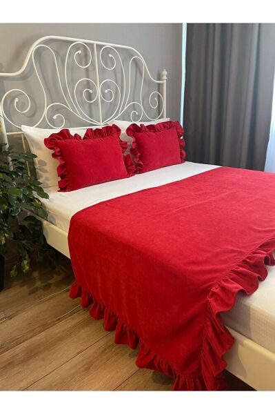 Kırmızı Fırfırlı Yatak Runner 2 Li Kırlent Seti Yatak Şalı Yatak Örtüsü Set Çift Kişilik