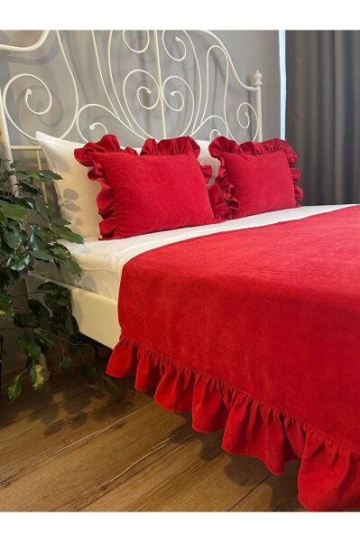 Kırmızı Fırfırlı Yatak Runner 2 Li Kırlent Seti Yatak Şalı Yatak Örtüsü Set Çift Kişilik