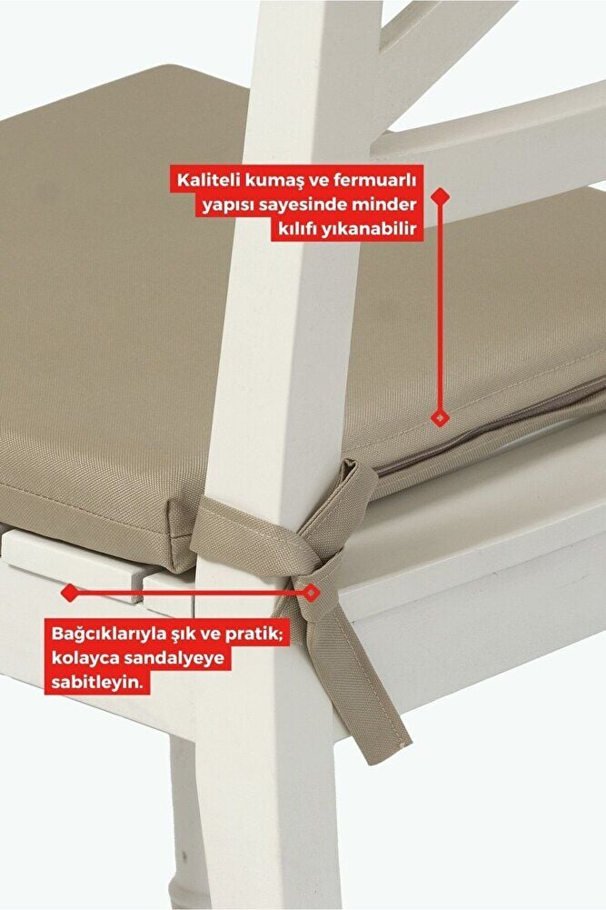 4'lı Sandalye Minderi Su İtici Kumaş 40x40 cm Sünger Sandalye Minderi Bağcıklı Bej