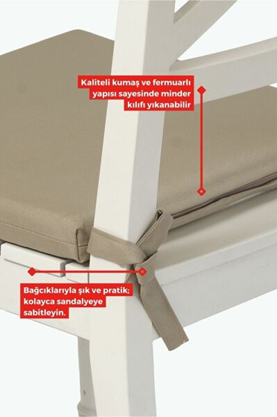 4'lı Sandalye Minderi Su İtici Kumaş 40x40 cm Sünger Sandalye Minderi Bağcıklı Bej