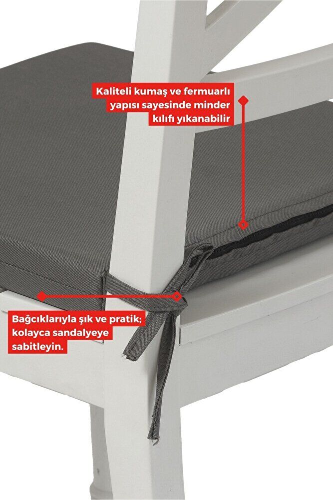 4'lı Sandalye Minderi Su İtici Kumaş 40x40 cm Sünger Sandalye Minderi Bağcıklı FÜME