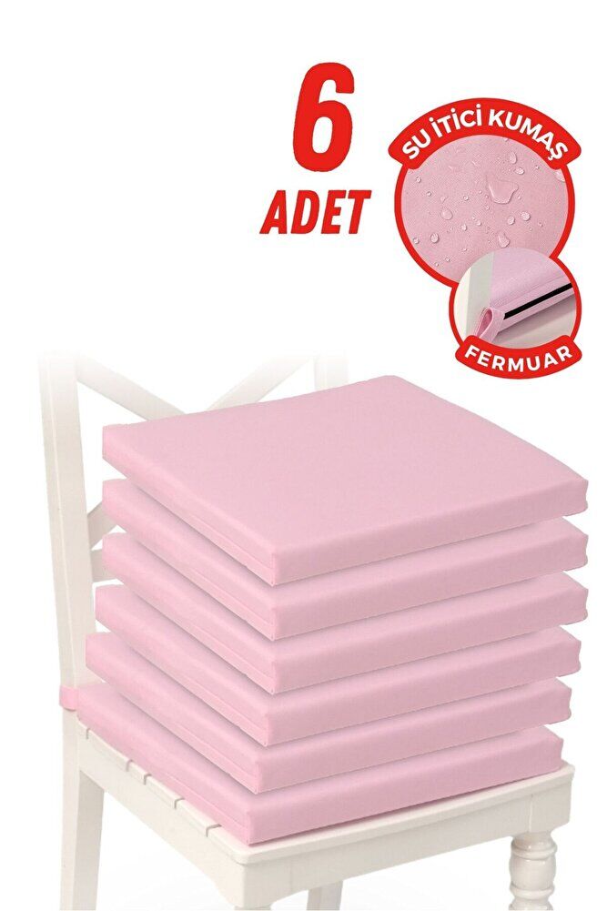 6'lı Sandalye Minderi Su İtici Kumaş 40x40 cm Sünger Sandalye Minderi Bağcıklı Pembe