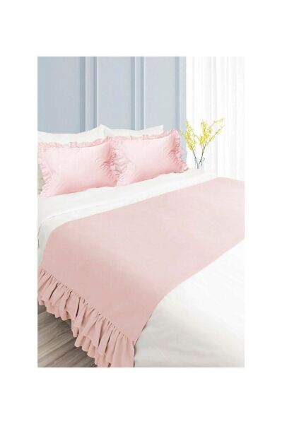 Yatak Runner & İç Dolgulu Kırlent Seti Çift Kişilik Fırfırlı Pembe