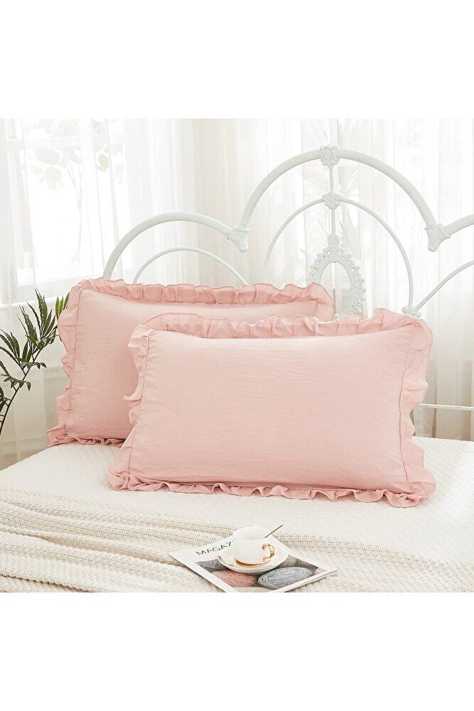 Yatak Runner & İç Dolgulu Kırlent Seti Çift Kişilik Fırfırlı Pembe