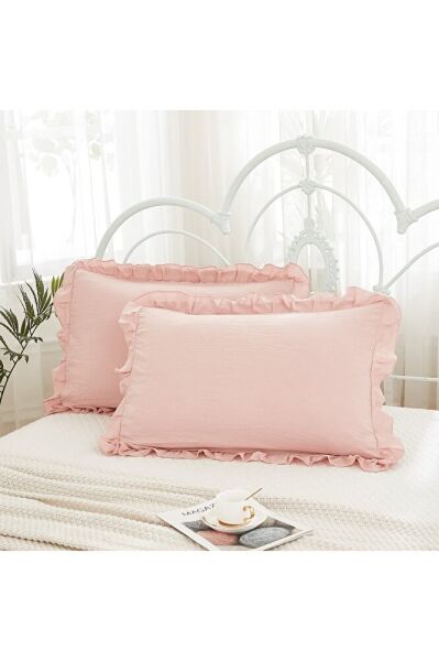 Yatak Runner & İç Dolgulu Kırlent Seti Çift Kişilik Fırfırlı Pembe