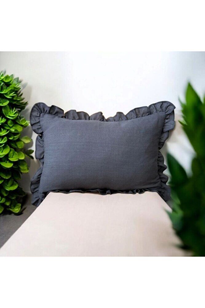 Yıkanmış Keten Dikdörtgen  Bohem Fırfırlı Kırlent Kılıfı