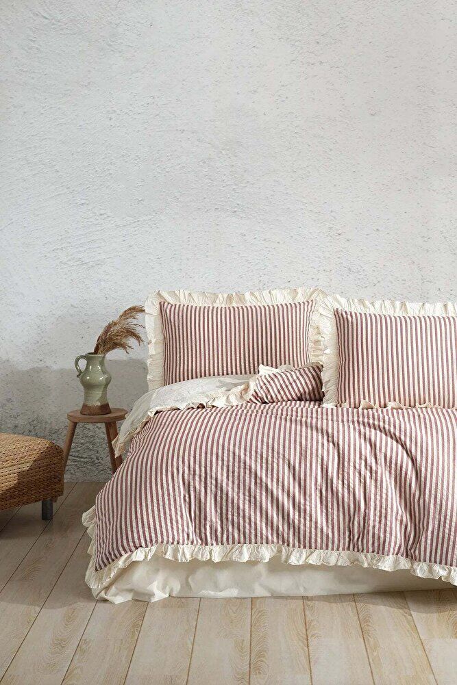 % 100 Pamuk Fırfır İplik Boyalı Çift Kişilik Nevresim Takımı,Modern Çizgili Yorgan ve Çarşaf Seti