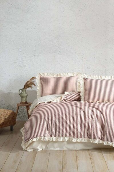 % 100 Pamuk Fırfır İplik Boyalı Çift Kişilik Nevresim Takımı,Modern Çizgili Yorgan ve Çarşaf Seti