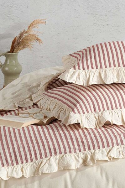 % 100 Pamuk Fırfır İplik Boyalı Çift Kişilik Nevresim Takımı,Modern Çizgili Yorgan ve Çarşaf Seti