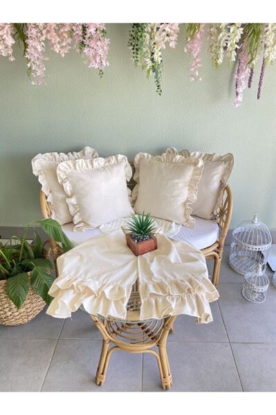 Keten Bohem Fırfırlı Vintage 4 Kare 1 Cıft Kat Fırfırlı Runner Set