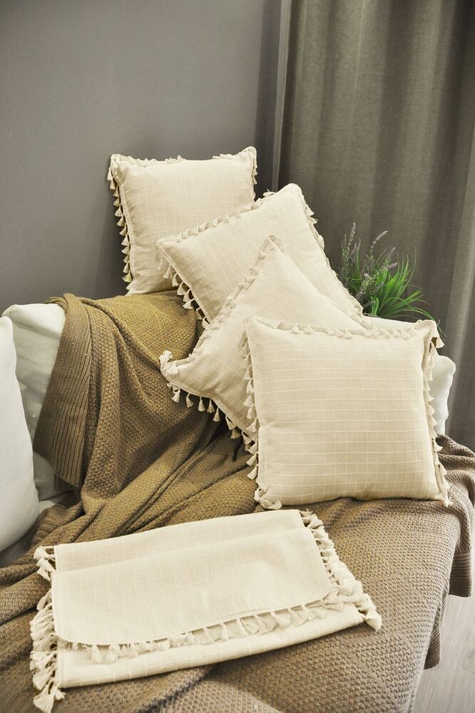 4+1 Handmade Natural %100 Organik Pamuklu 4 Kenar Püsküllü Runner Kırlent Kılıfı Seti