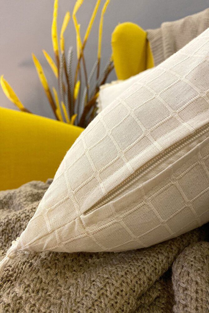 4+1 Handmade Natural %100 Organik Pamuklu 4 Kenar Püsküllü Runner Kırlent Kılıfı Seti