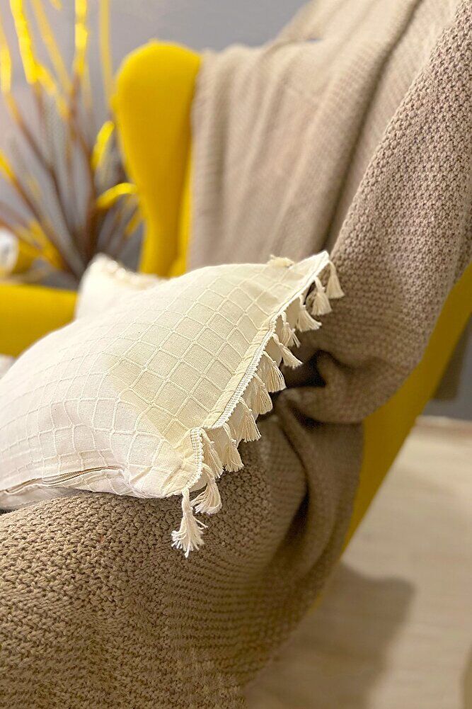 4'lü Handmade Natural %100 Organik Pamuklu 4 Kenar Püsküllü Kare Kırlent Kılıfı Seti