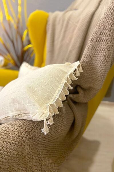 4'lü Handmade Natural %100 Organik Pamuklu 4 Kenar Püsküllü Kare Kırlent Kılıfı Seti