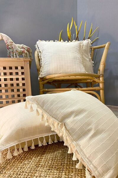 4'lü Handmade Natural %100 Organik Pamuklu 4 Kenar Püsküllü Kare Kırlent Kılıfı Seti