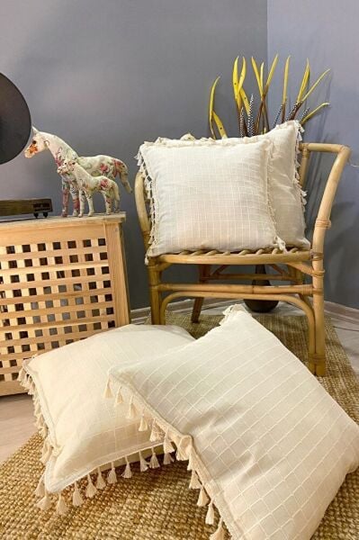 4'lü Handmade Natural %100 Organik Pamuklu 4 Kenar Püsküllü Kare Kırlent Kılıfı Seti