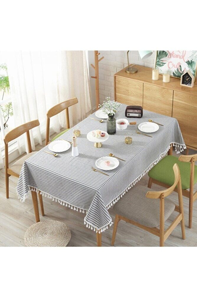 mavi  Buldan Keten püsküllü Çizgili Masa Örtüsü