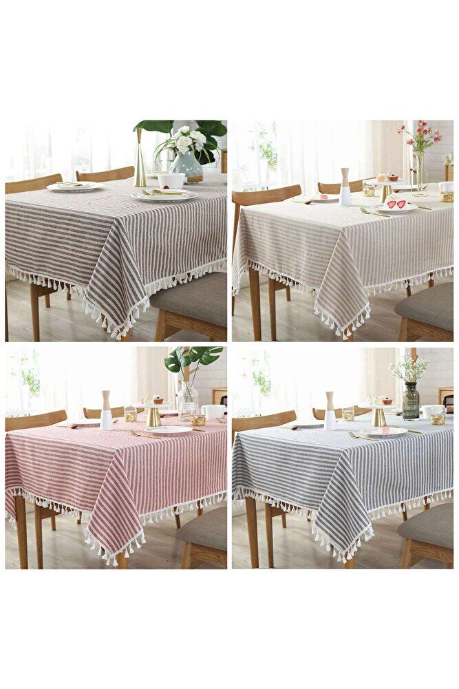 mavi  Buldan Keten püsküllü Çizgili Masa Örtüsü